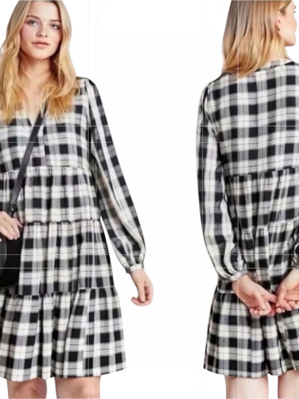Maeve by Anthropologie Plaid Tiered Mini Dress | Black Cream Red | Size S
